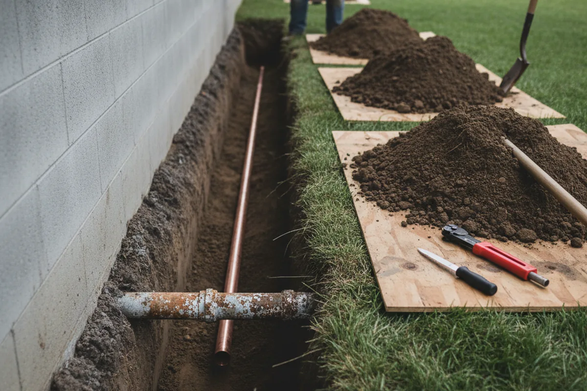 Excavated water line trench during Water Heater Repair in Bevinsville